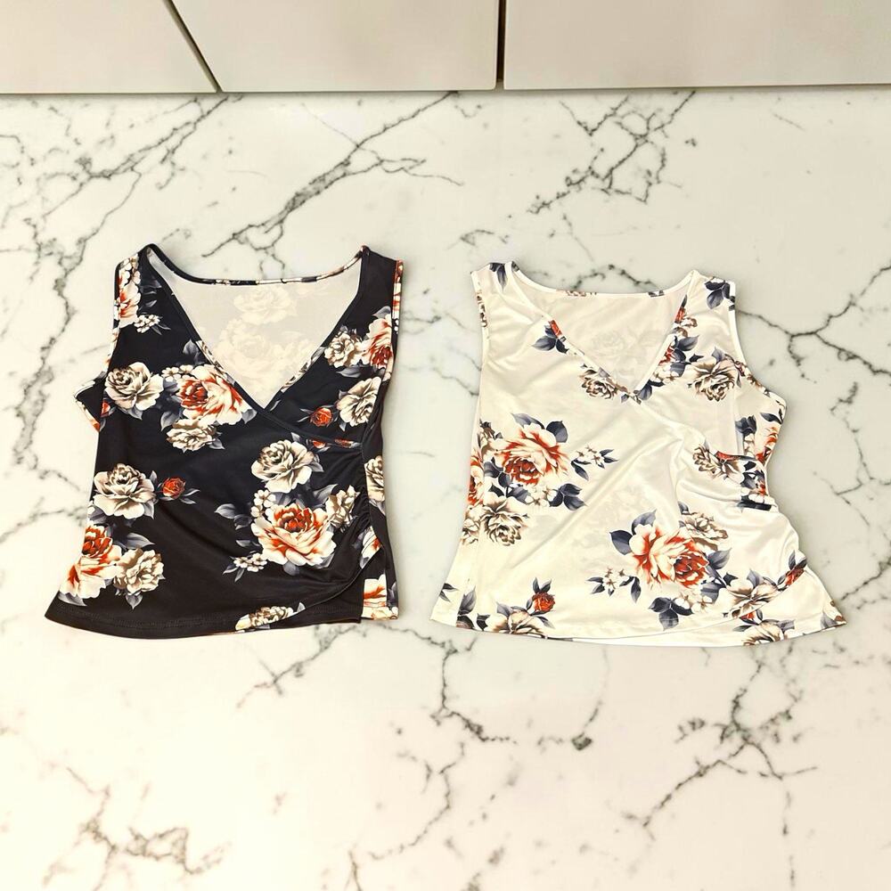 Women’s Floral V-Neck Ruched Knit Tank Top Sleeveless Stretch Size M - PAIR OF 2
